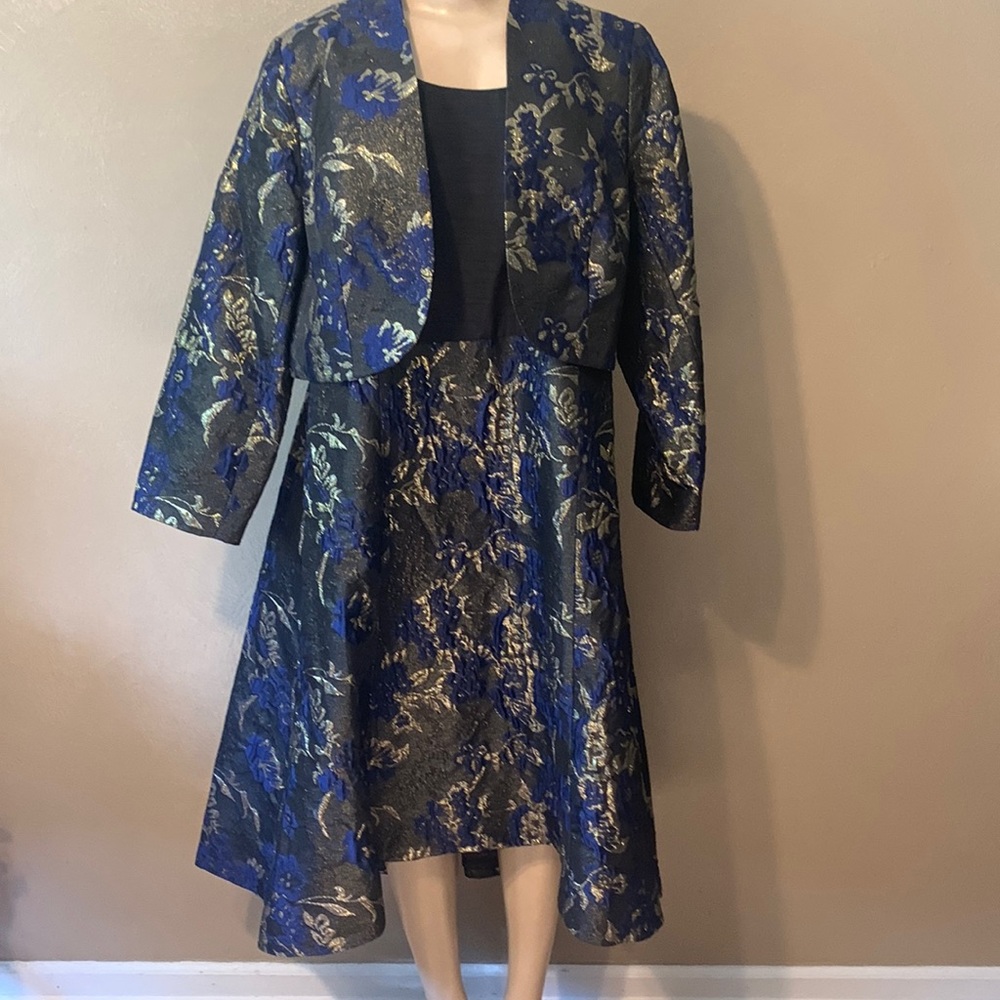Ashro size 16W 2-pc evening Dress set high low with jacket gold navy embroidery